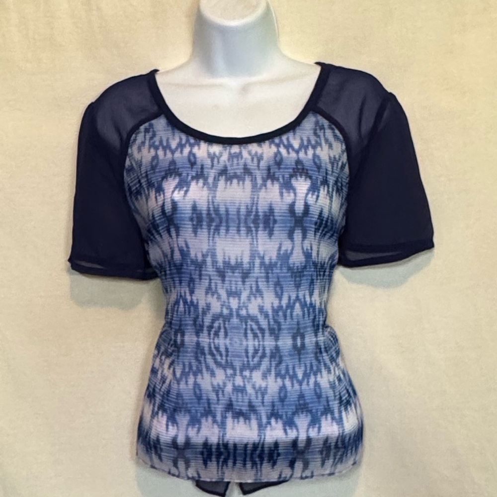 G-122 American‎ Eagle Outfitters Blue & Pink Sheer Short Sleeve Blouse Size L